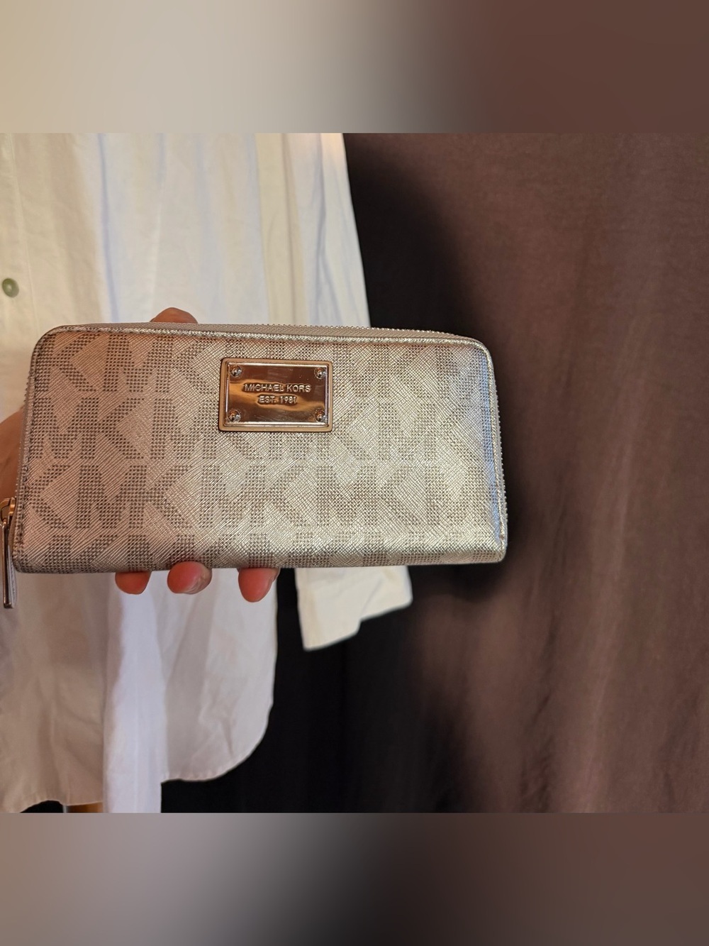Michael Kors Silver Metallic MK Logo Zip Wallet